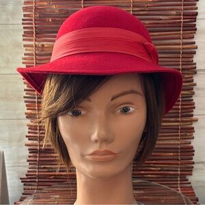 Vintage Lancaster Red Wool Women's Hat with Ribbon Detail